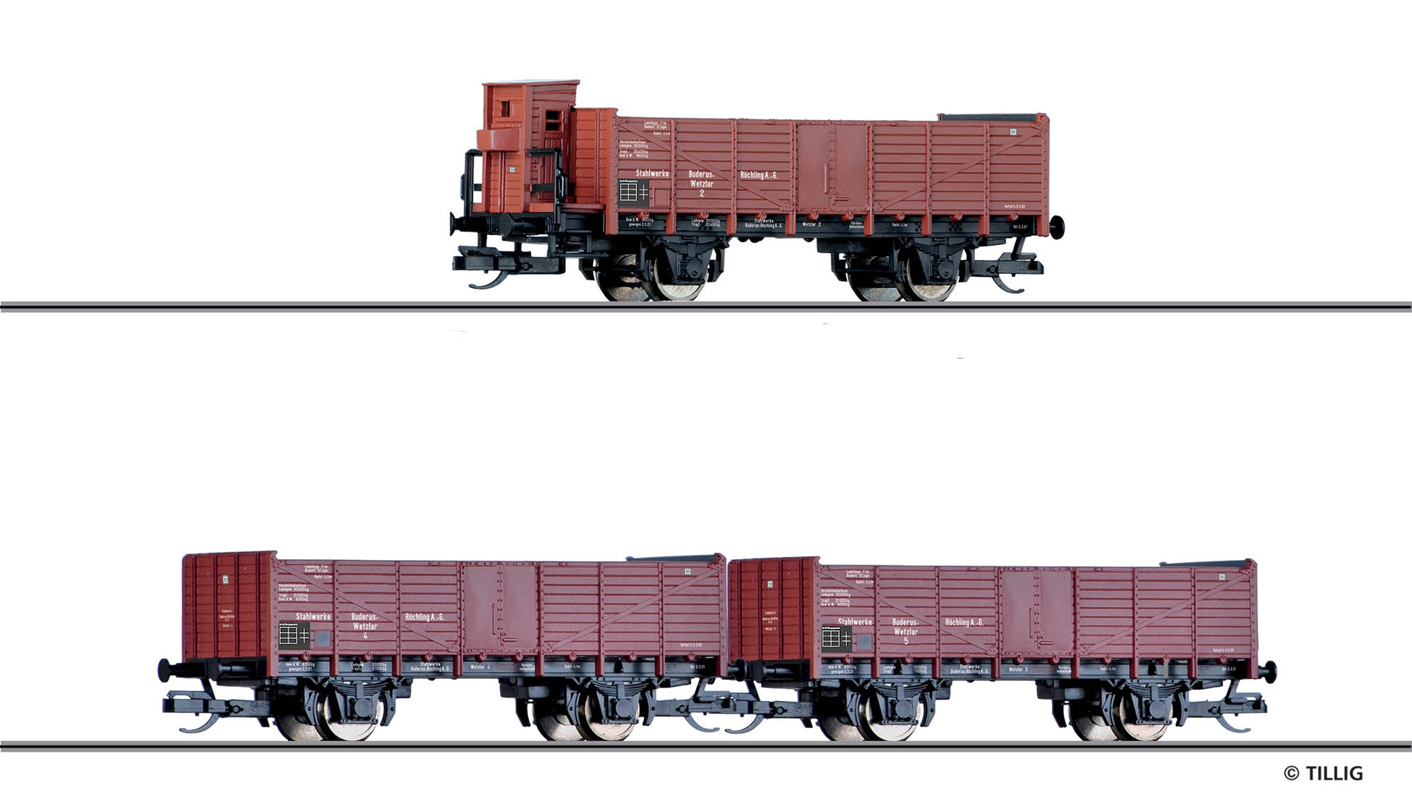 010-01057 - TT - 3-tlg. Güterwagenset „Buderus-Röchling A.G.“, drei offene Güterwagen Om, DRG, Ep. II
